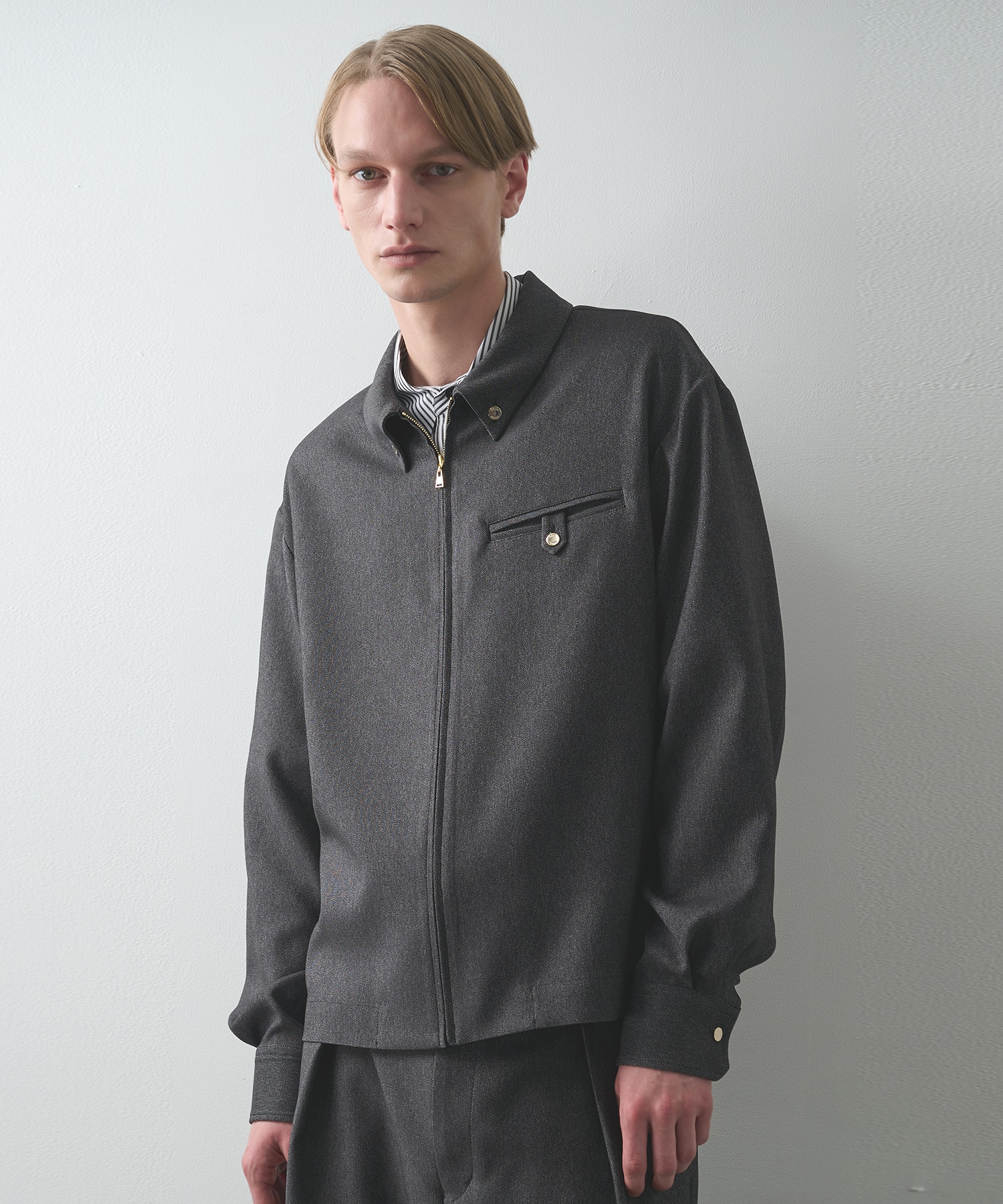 Faux Denim Button-Tab Pocket Zip Up Shirt