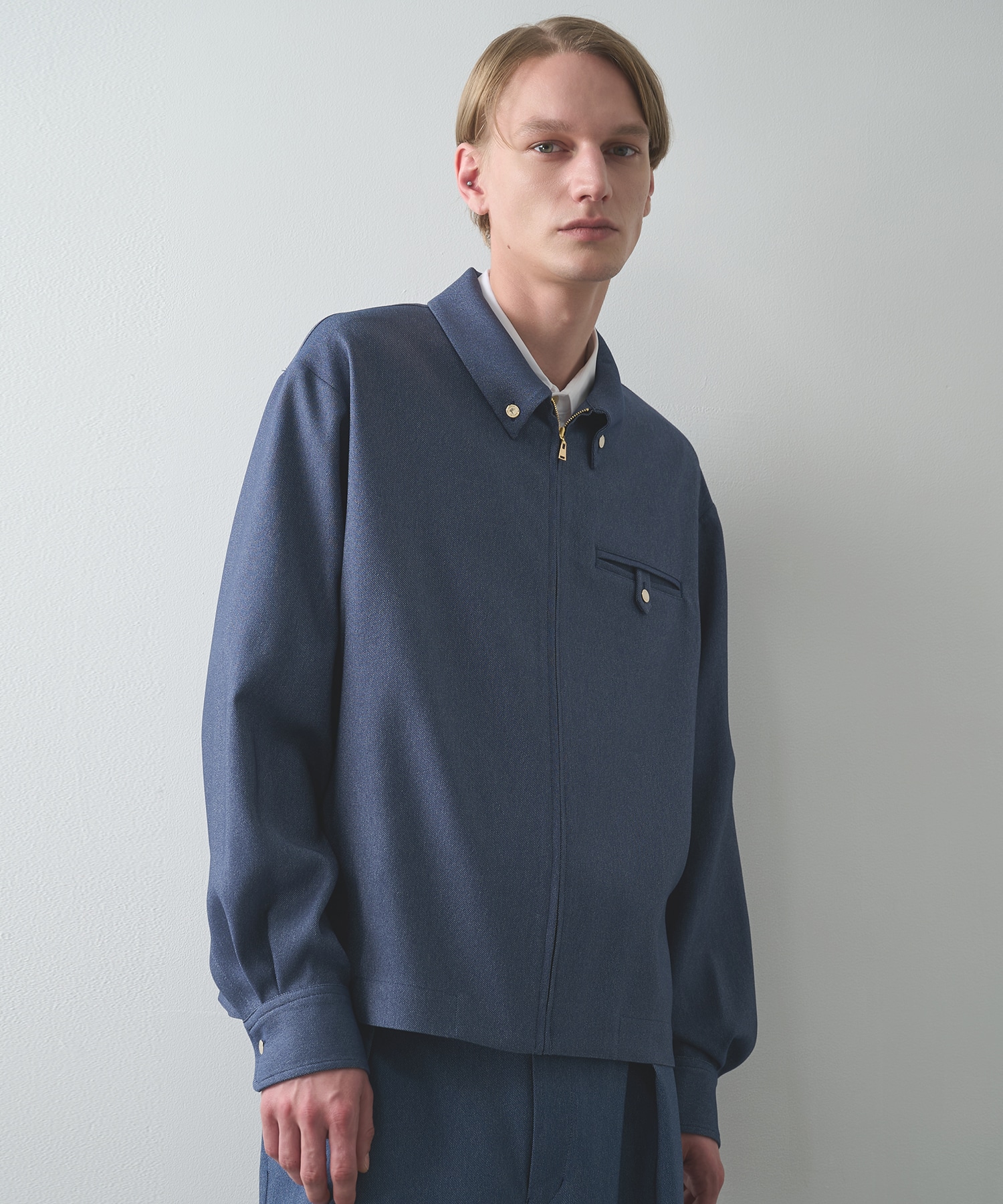 Faux Denim Button-Tab Pocket Zip Up Shirt
