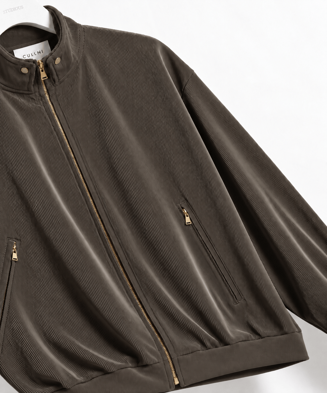 Stretch Fiber Cord Pique Layered Collar Zip Up Blouson