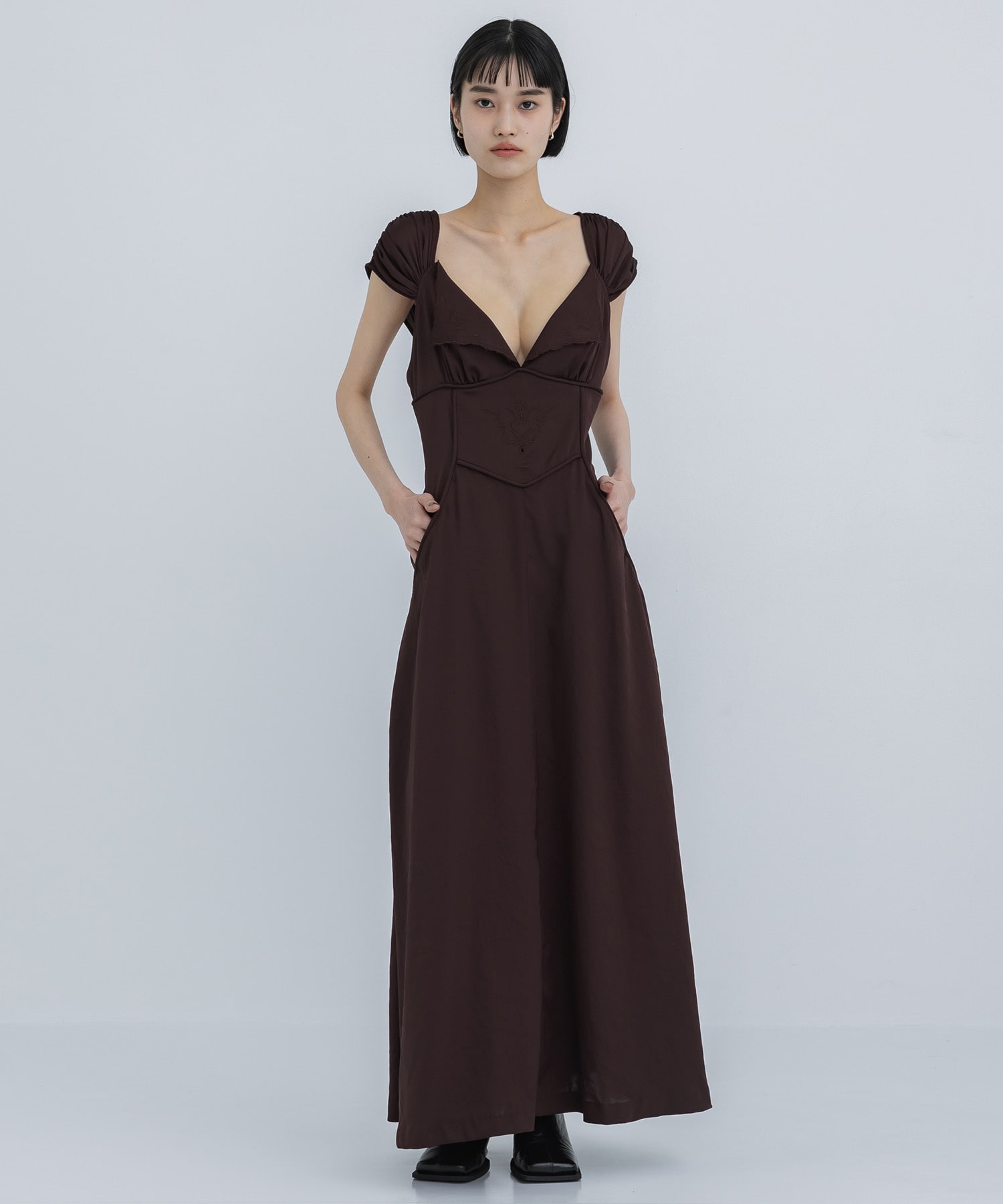EMBROIDERED V-NECK MIDI DRESS