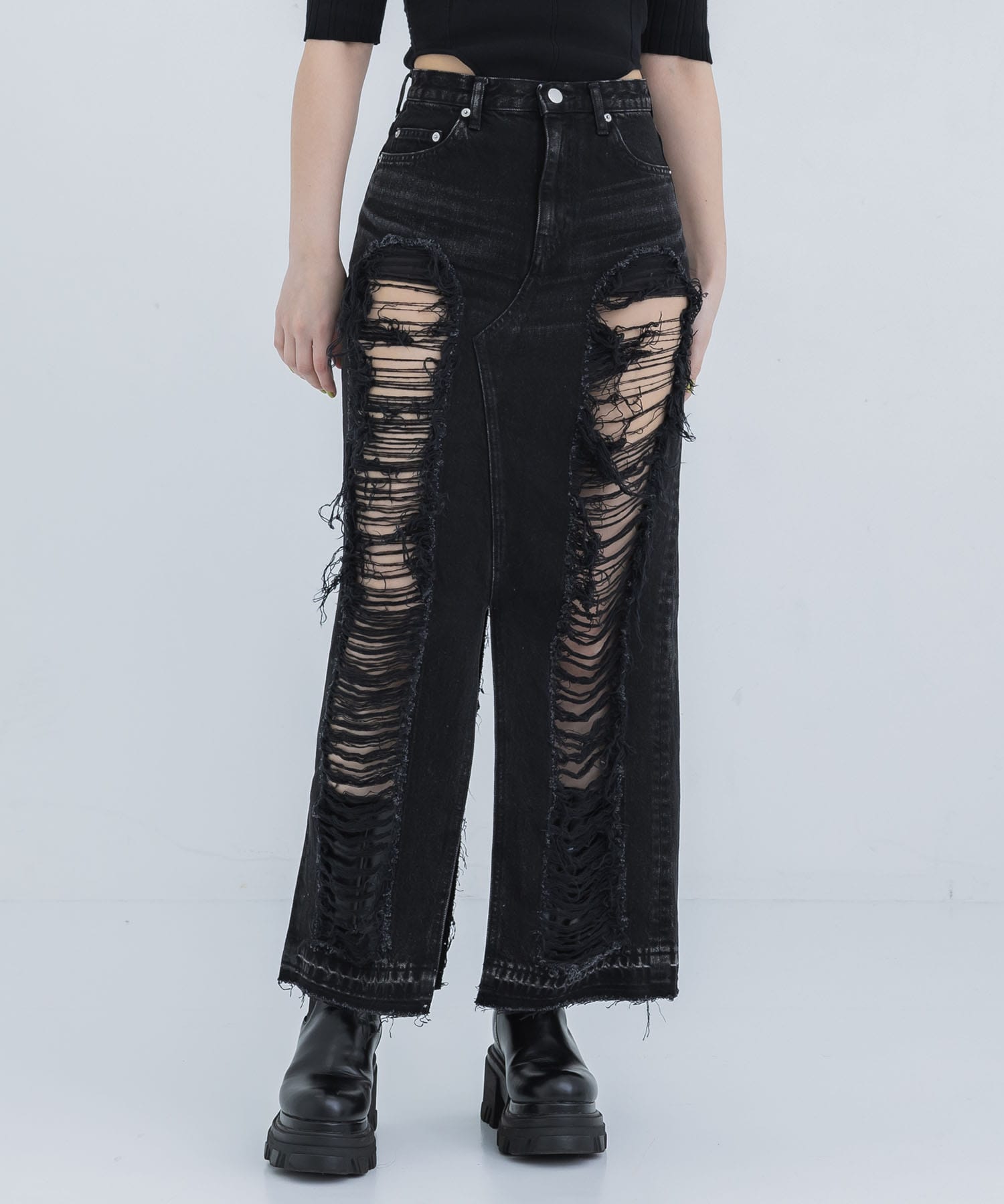 WASHED DENIM RIPPED LONG SKIRT