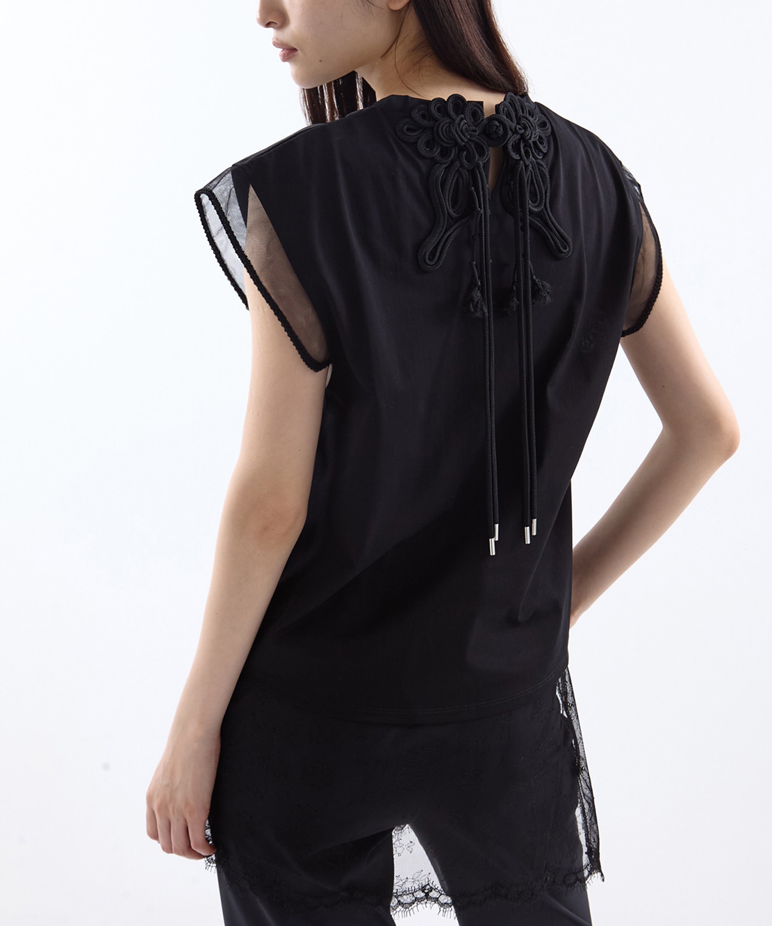 別注China ribbon no sleeve T-shirt