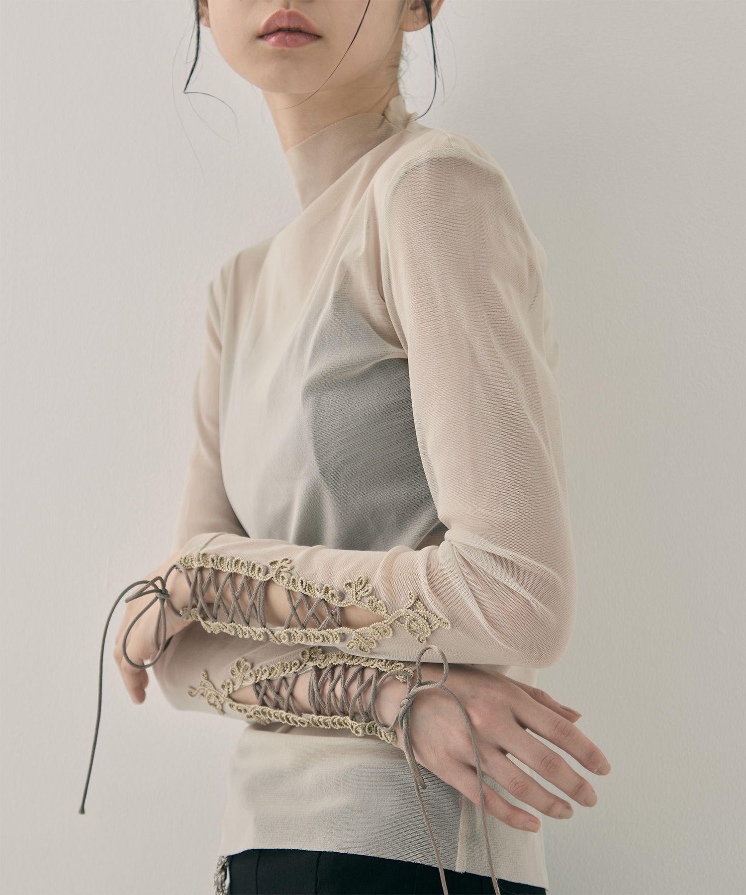 lace up sleeve sheer tops Beige