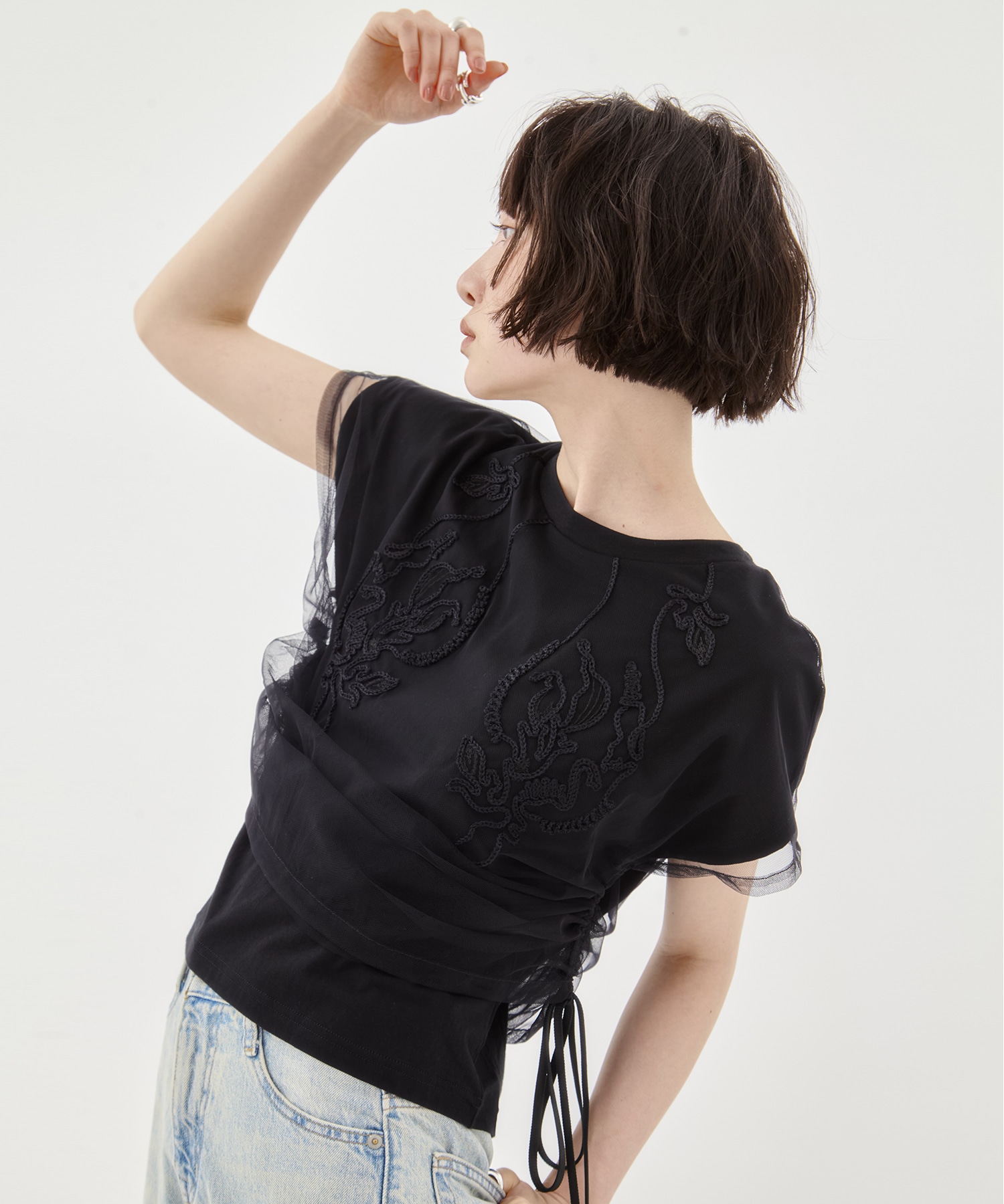 別注embroidered tulle layered tops