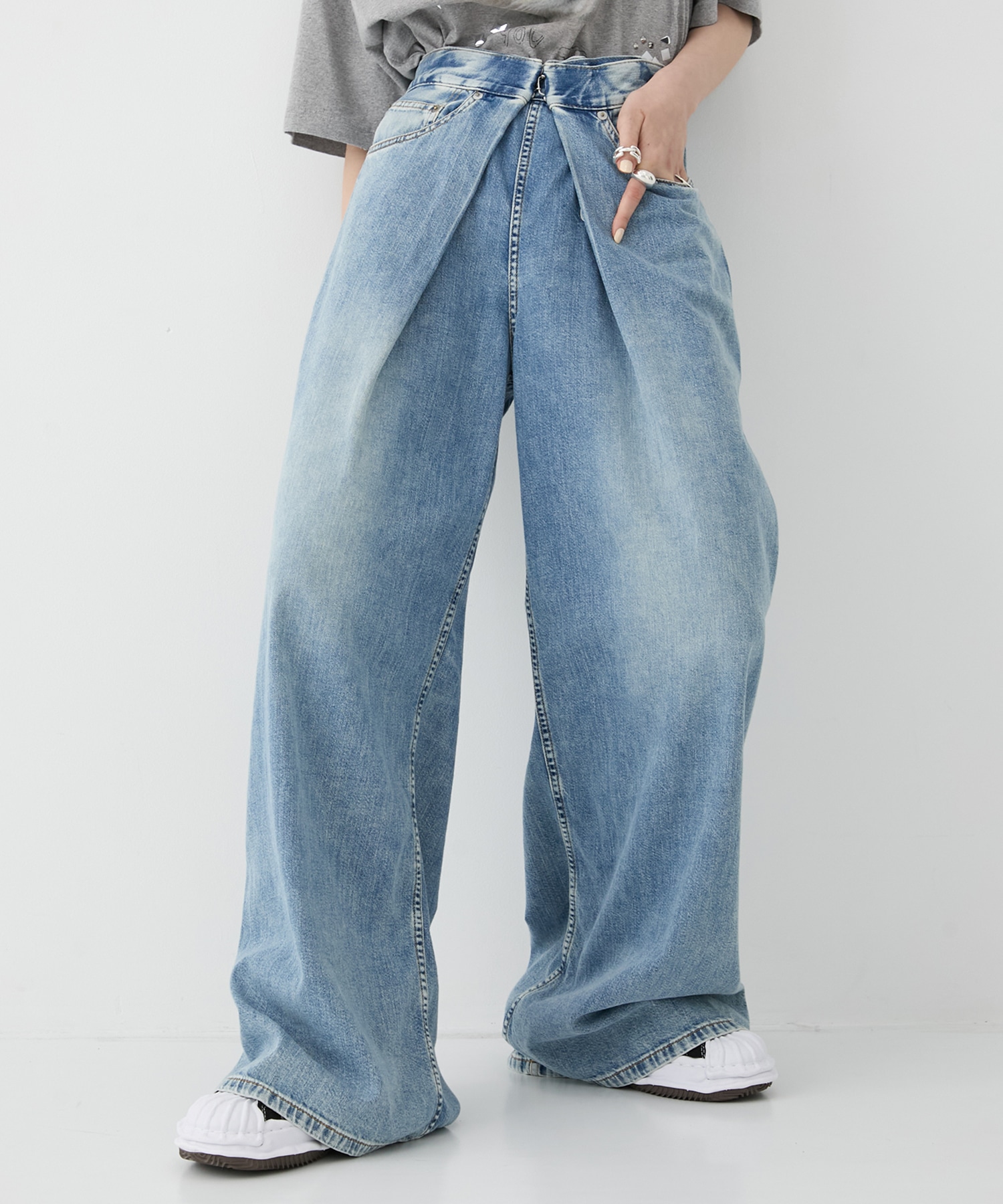別注WASHED DENIM FOLDED WIDE PANTS (SHORT LENGTH)