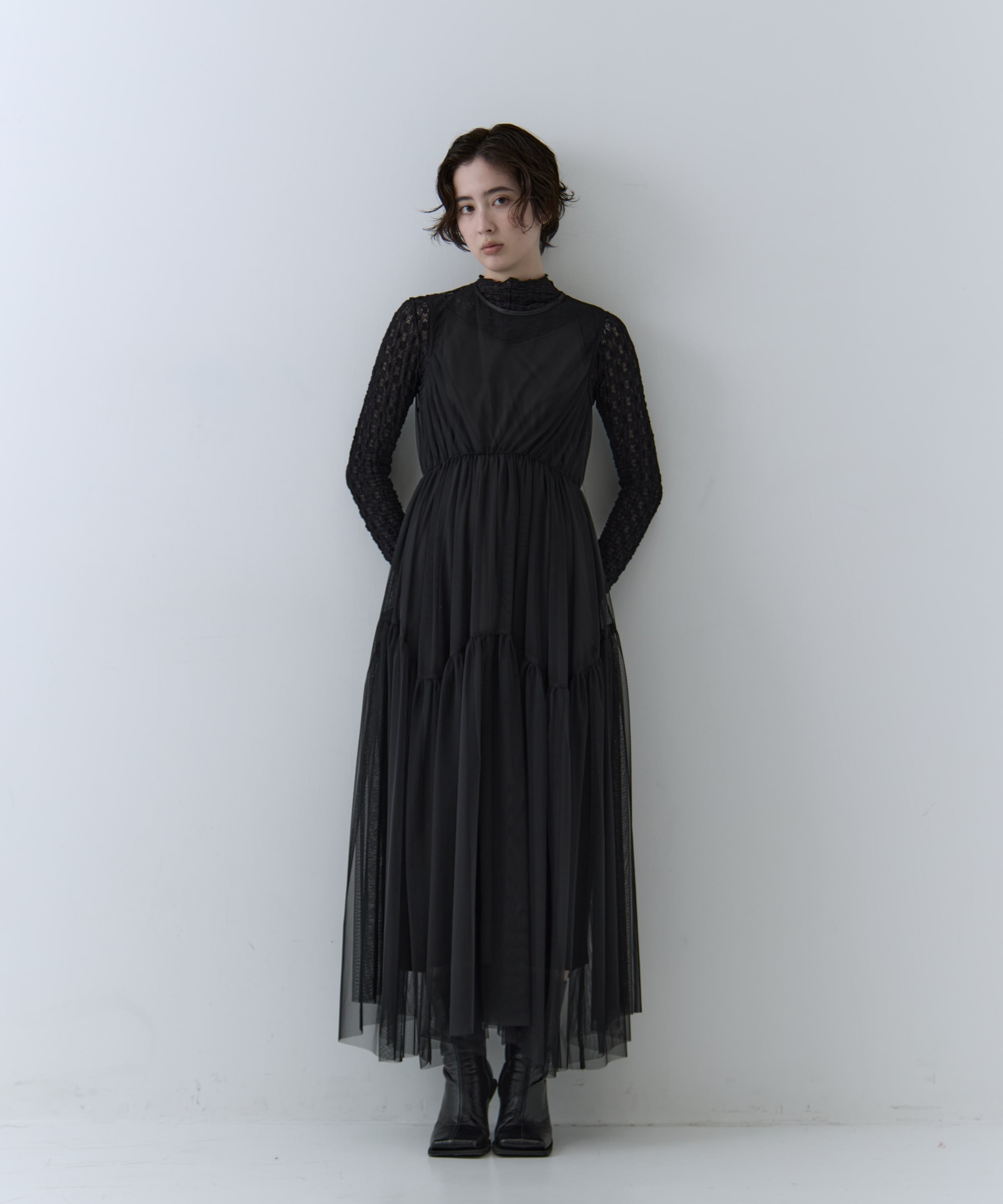BLACK TULLE WAVE TIERED DRESS