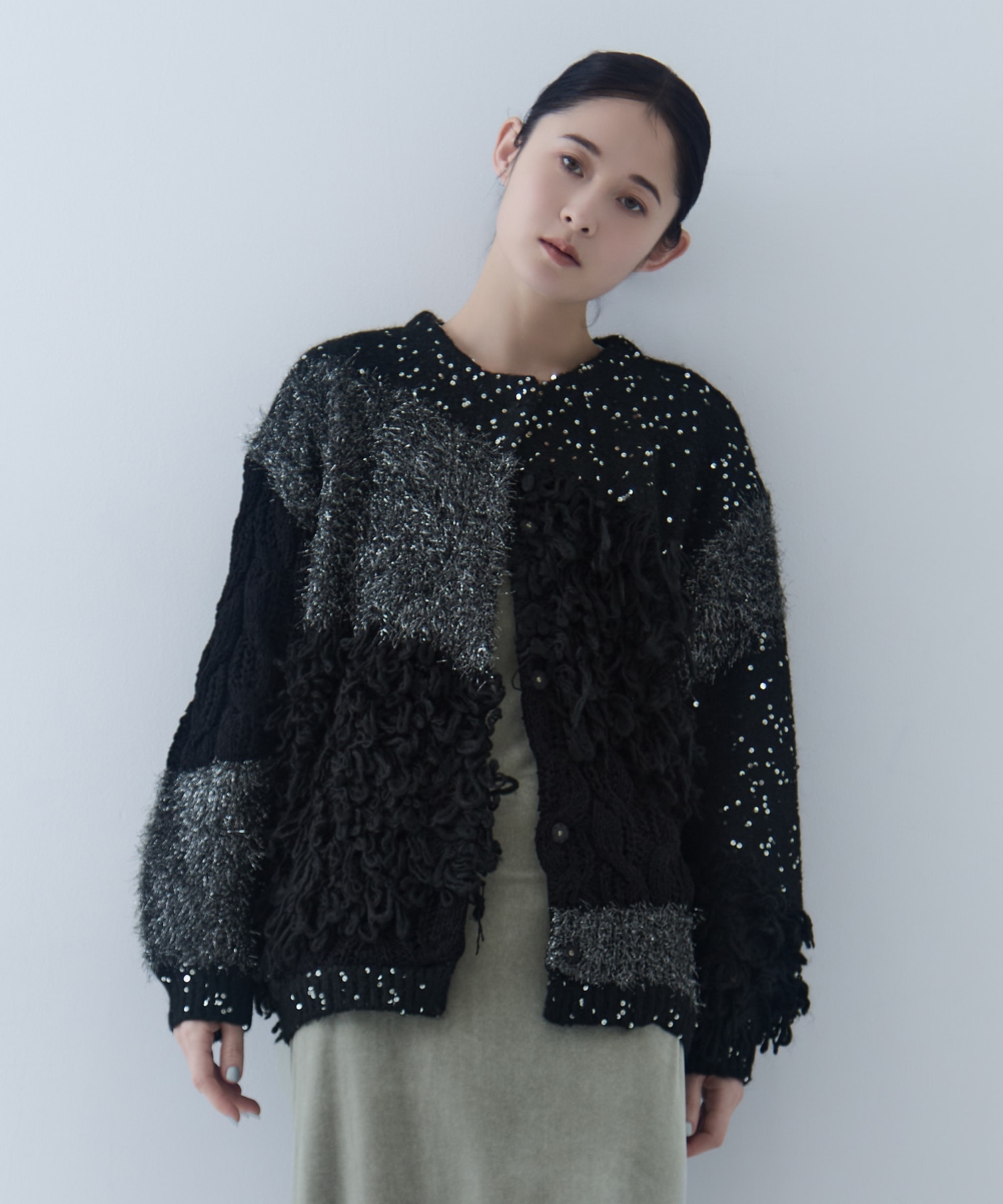 UND MIX YARN PATCHWORK KNIT CARDIGAN