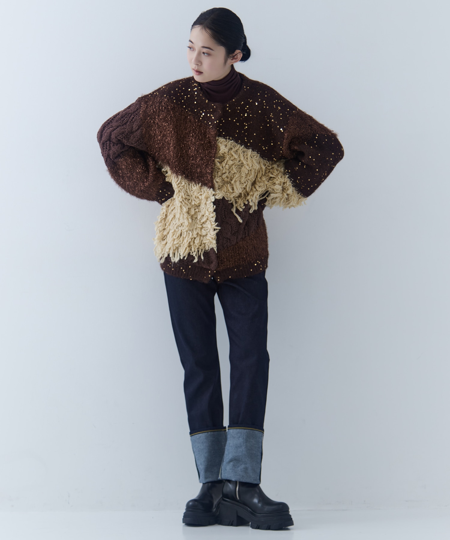 UND MIX YARN PATCHWORK KNIT CARDIGAN
