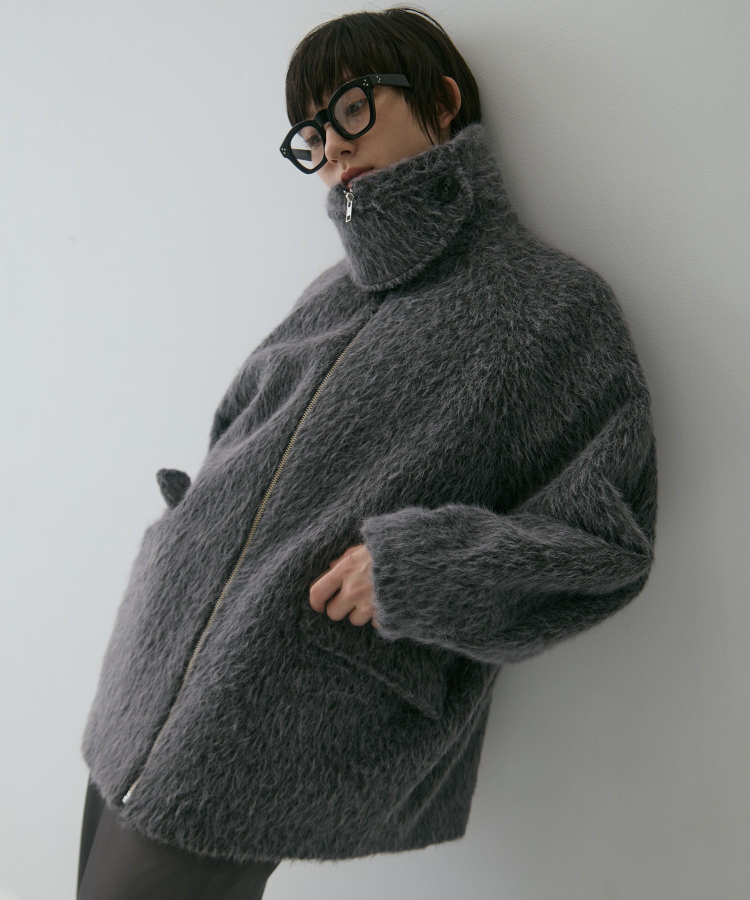 STAND COLLAR SHAGGY MIDDLE COAT