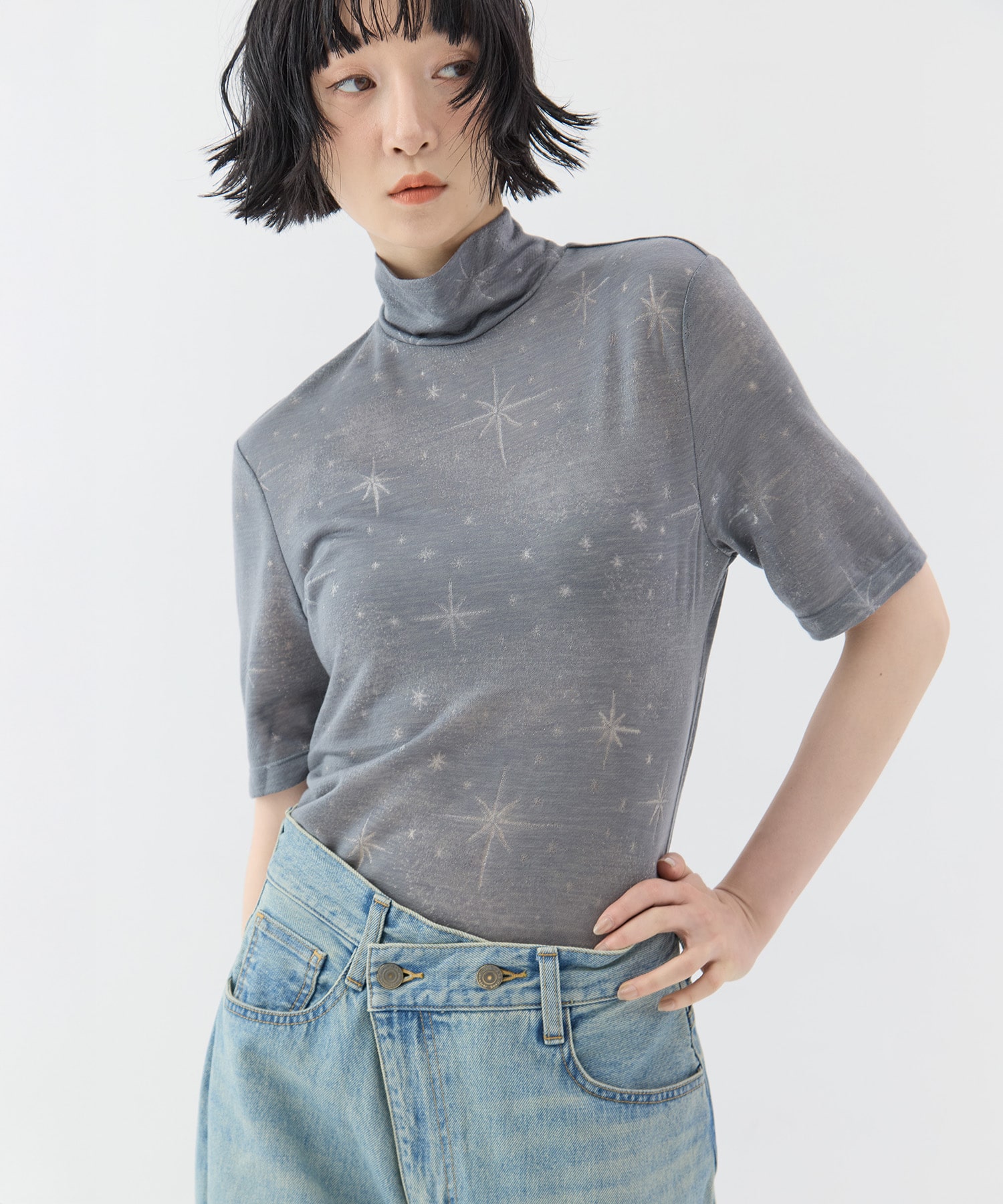 Starry Jersey Short Sleeve Sheer Top