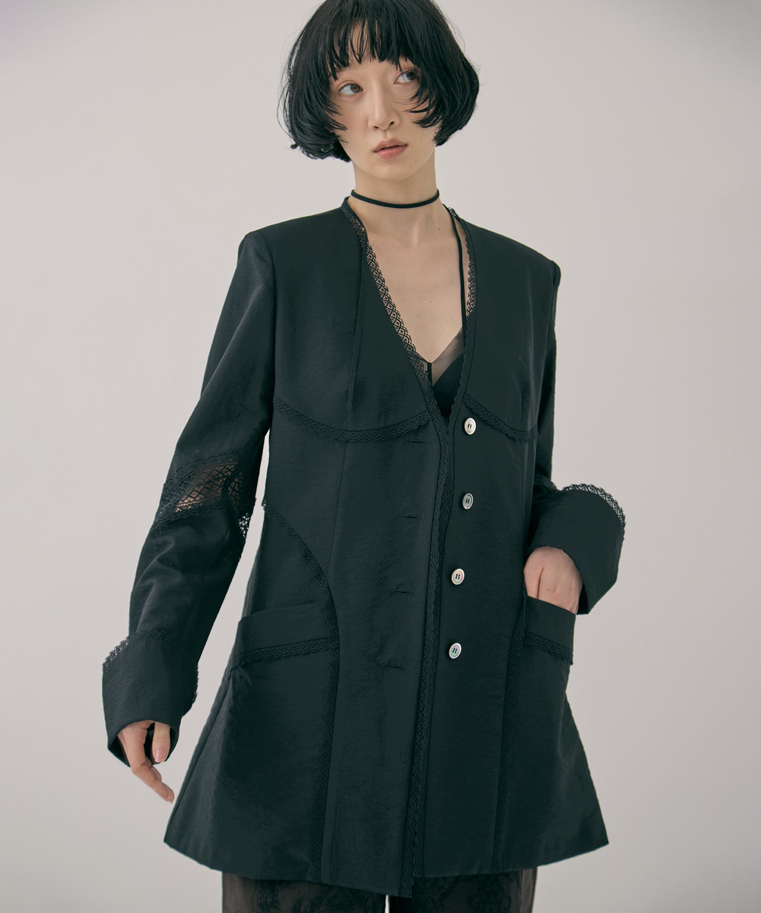別注 LACE-PANELED SHIRT JACKET
