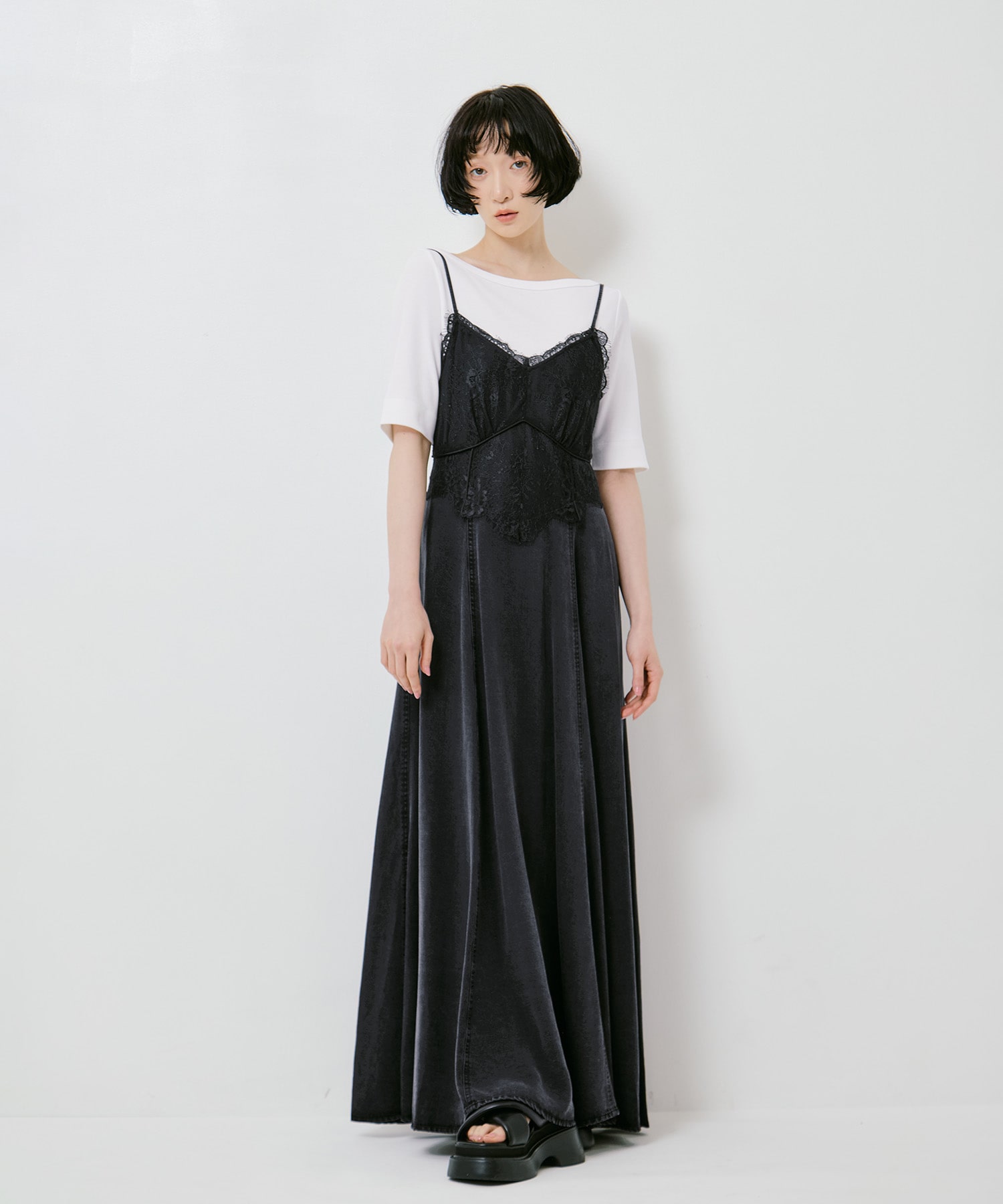 LACE DOCKING TENCEL DENIM FLARE DRESS