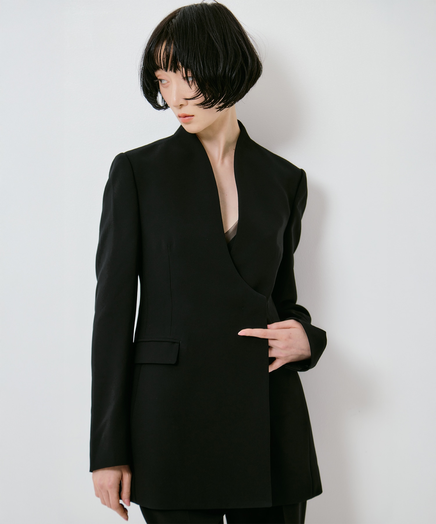 Triacetate Polyester Collarless Double Breasted Suit Jacket