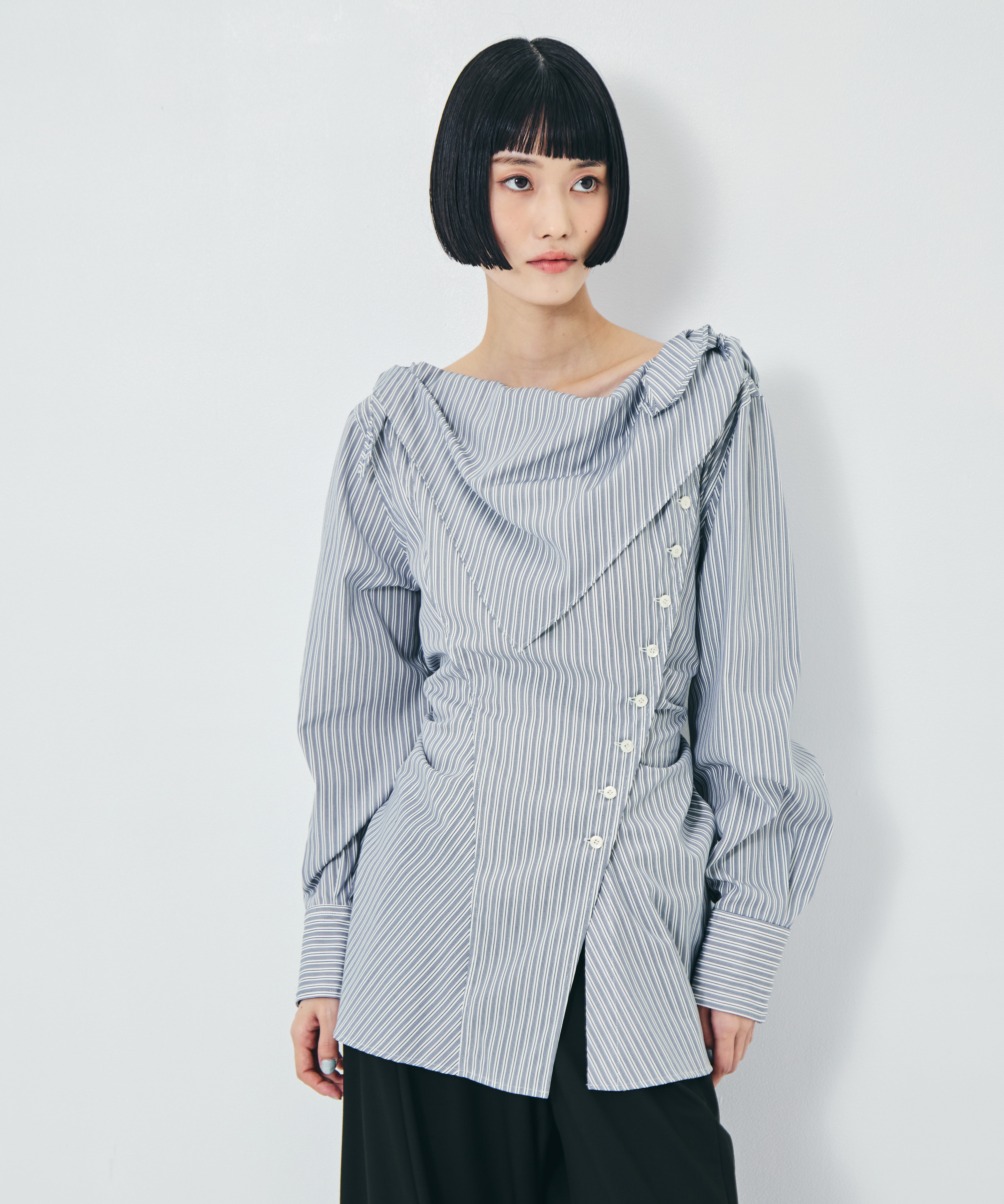COTTON STRIPE SCARF COLLAR BLOUSE