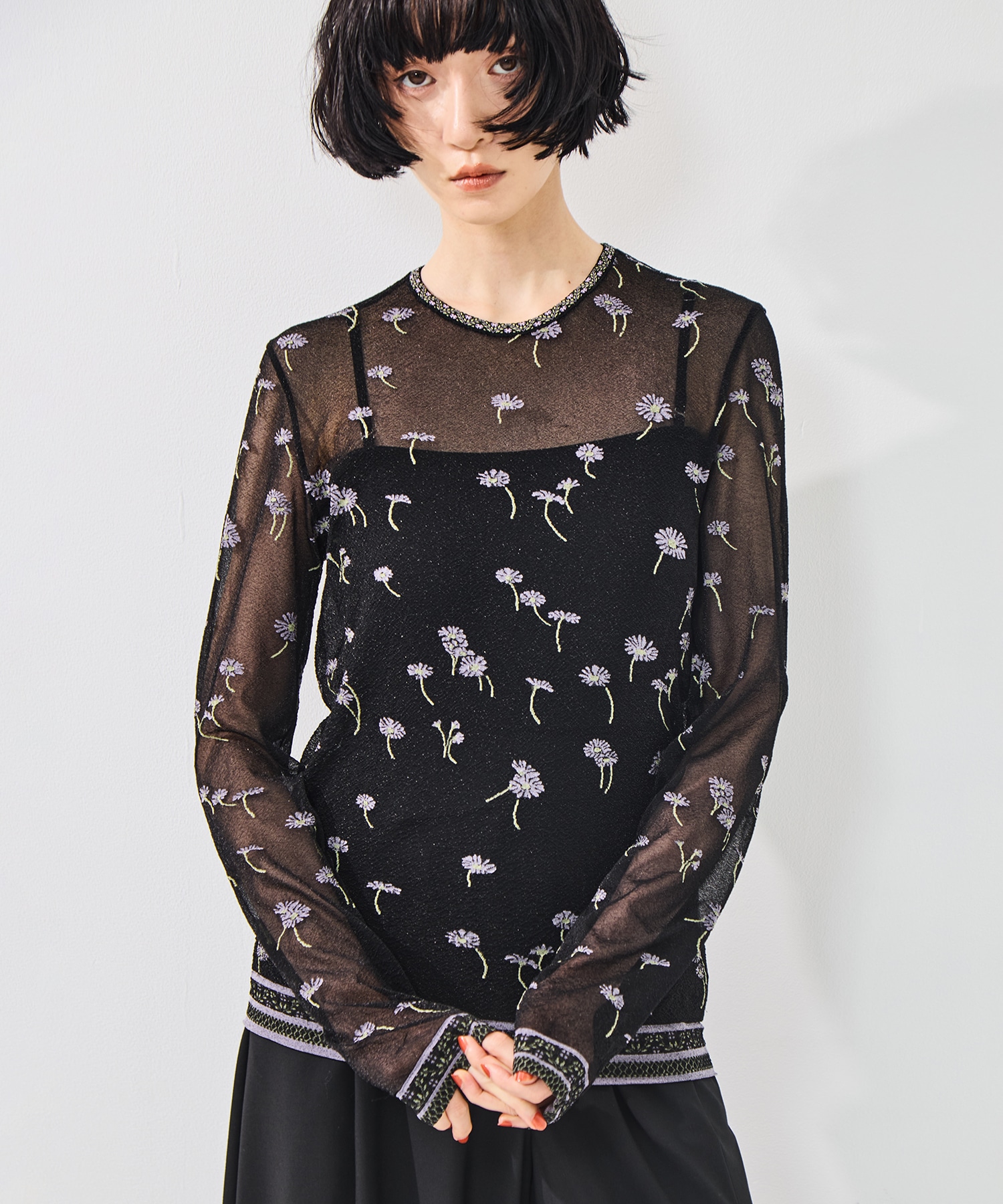 Floral Pattern Long Sleeve Sheer Knit Top