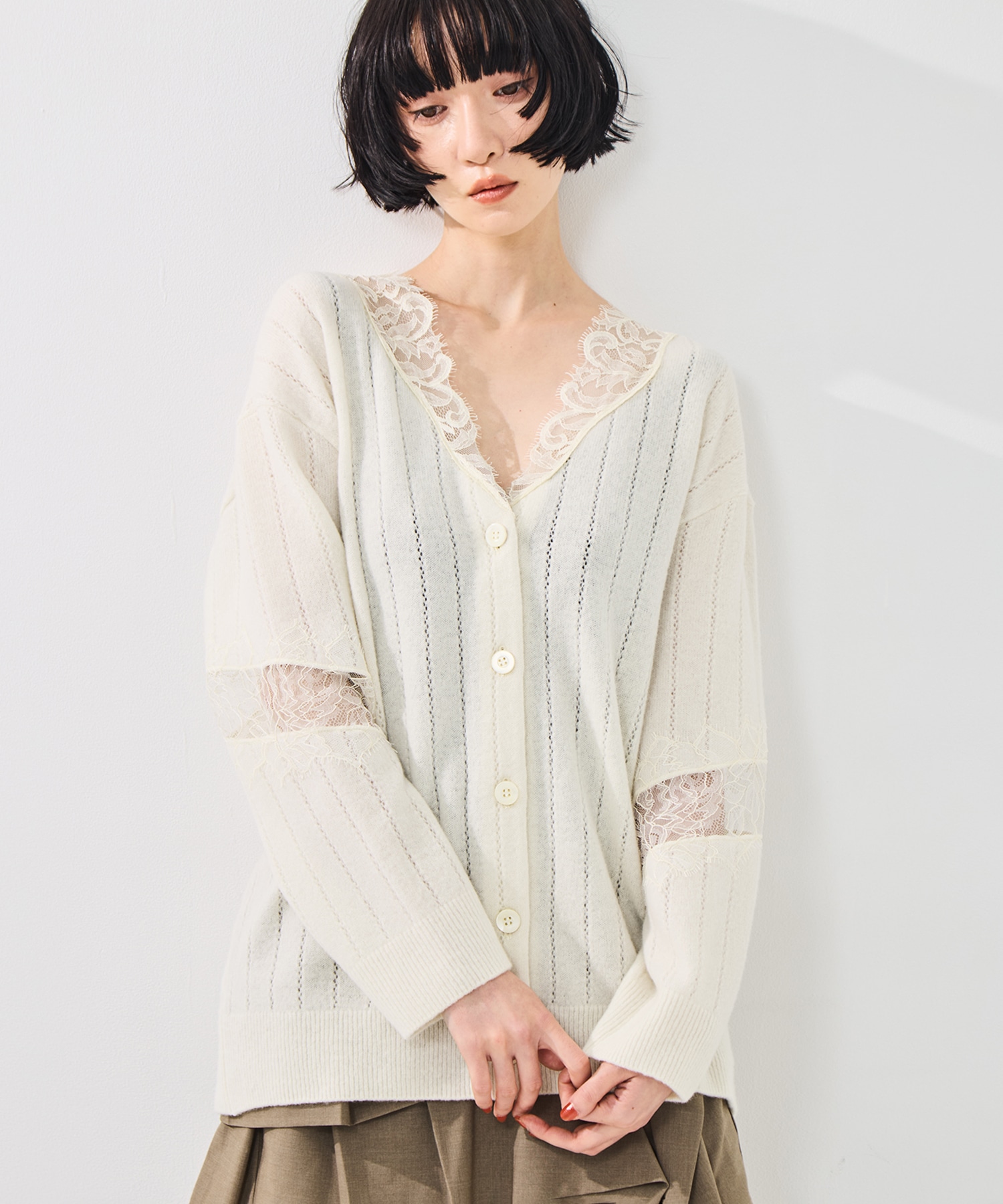 OVERSIZED HAIRY LACE PANELED KNIT CARDIGAN