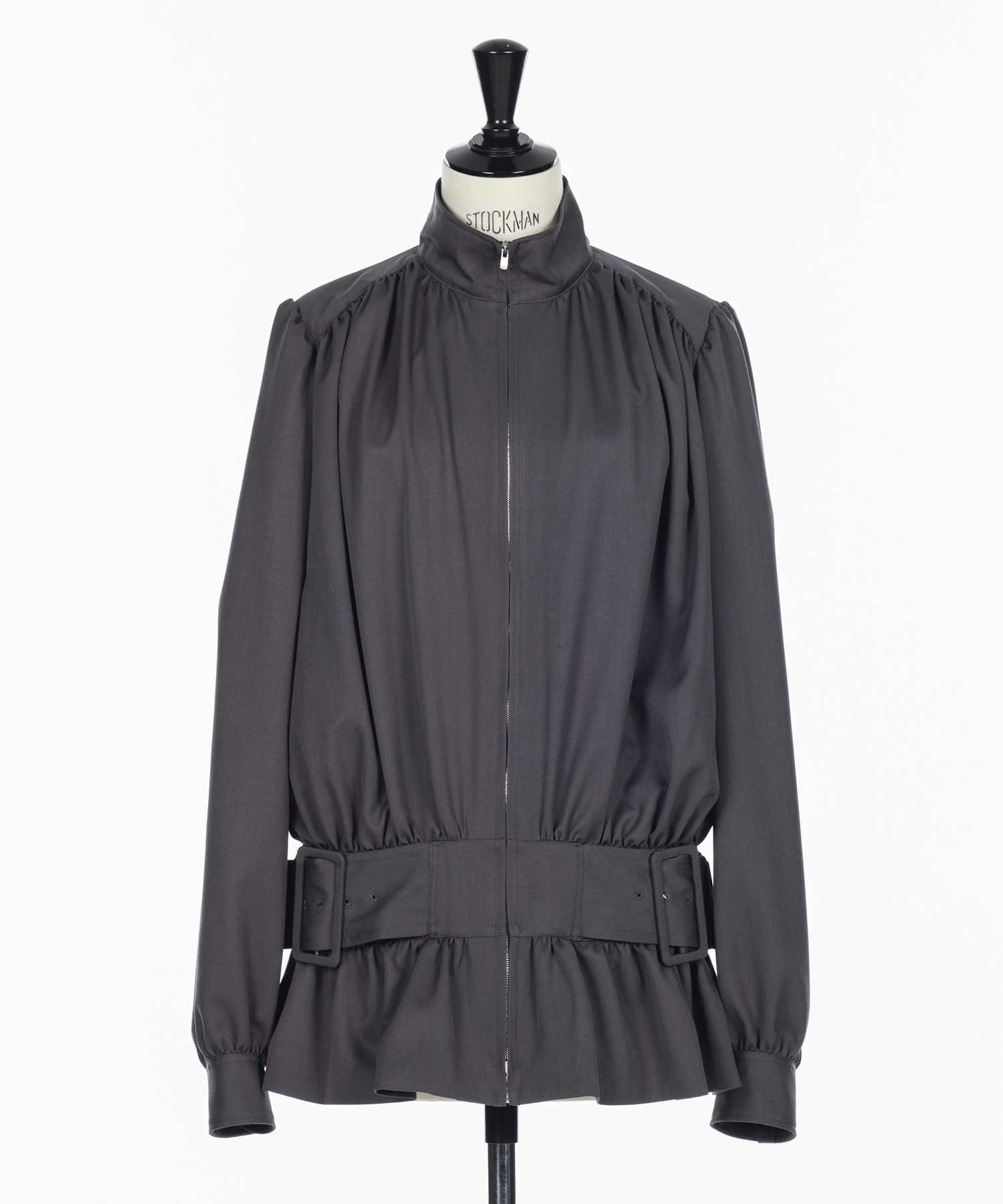 FINE WOOL SUITING GATHERED BELTED BLOUSON